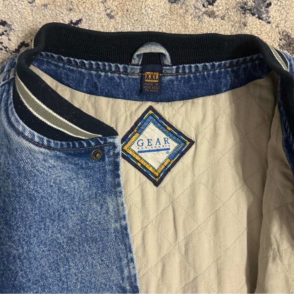 Vintage Denim Varsity Jacket with Beige Sleeves - Picture 4 of 8
